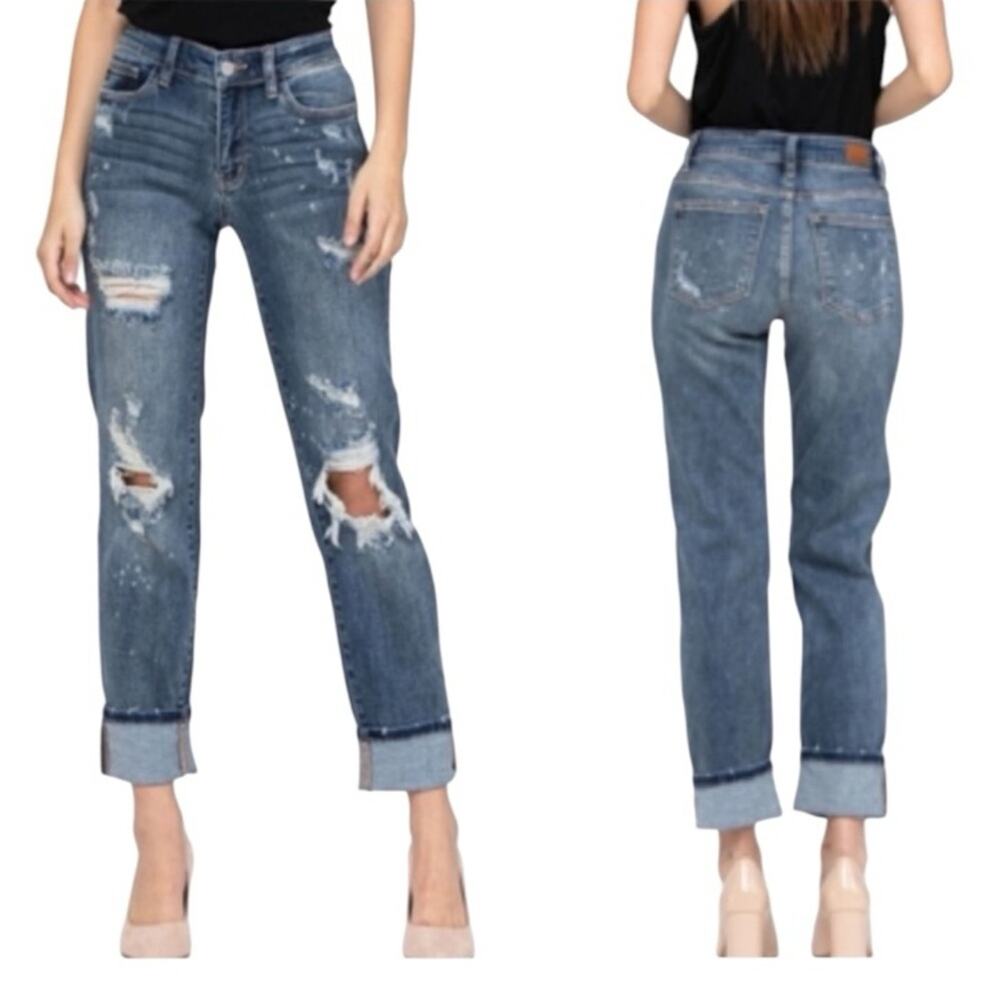 Judy Blue Boyfriend Jeans 5/27 High Rise Distressed Dark Wash Stretch Denim